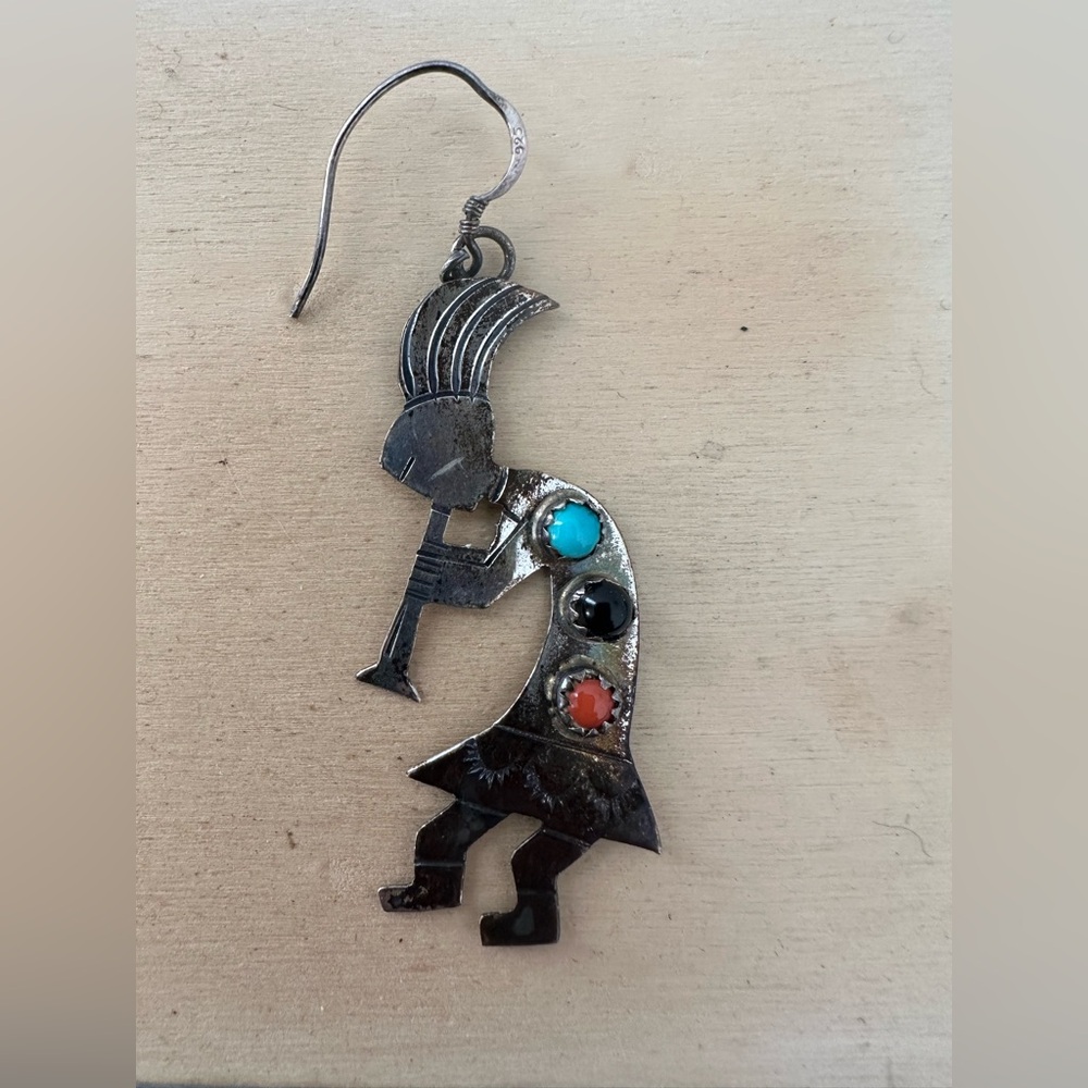 Vintage Navajo Singular Earring To Be Pendant Sterling Kokopelli With Stones
